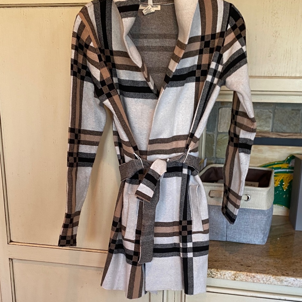 Christian Siriano Plaid Open Coat with Tie Waist XS